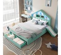 Arhatreya Cama tapizada de 140 x 200 cm con luz LED, color azul | Cama de casa acolchada con tobogán flexible, puerto de carga USB y gran cajón para un almacenamiento práctico