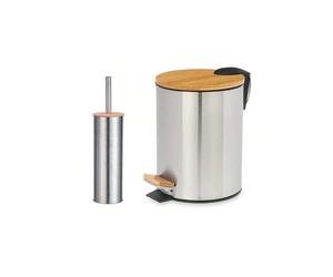 ARISE - Set de Baño con Papelera de 3L y Escobillero - Diseño Moderno en Bambú y Acero Inoxidable | Papelera 17×17×24,3 cm + Escobillero 9,5×27,5×38 cm | Elegante y Funcional para Aseo o WC