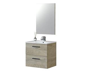 ARKITMOBEL - Mueble de Baño Suspendido 2 Cajones y Espejo, Módulo Lavabo, Color Roble Alaska, 60x57x45 cm - Modelo Aruba. (Lavabo no Incluido)