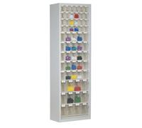 Armario-almacén de chapa de acero con 61 cajas plegables transparentes