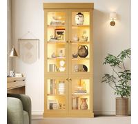Armario alto STILVORA con iluminación LED integrada y vitrina de cristal, armario alto con compartimentos internos y sistema de seguridad anticaída, armario vitrina en color marrón natural