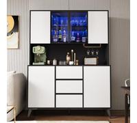 Armario alto, vitrina, aparador, aparador, armario de comedor, armario de salón, aspecto blanco y negro, armario de cocina, vitrina con frontal de cristal, 3 cajones, soporte para vasos dorado, color
