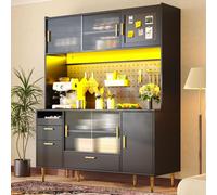 Armario aparador Flieks con iluminación LED y panel perforado, armario de cocina con puertas correderas de cristal y puerta magnética, mueble alto de 140x40x180 cm, color