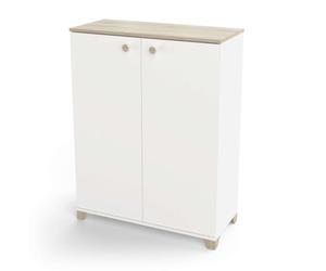 Armario auxiliar pequeño izzy con puertas abatibles en color blanco mate y roble kronoberg 104x80x35 cm