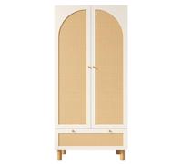 Armario con 2 puertas y ratán, armario de estilo rústico blanco con cajón grande, estantes ajustables en altura y barra para colgar ropa, incluye sistema antivuelco, 180 x 85 x 52 cm (alto x ancho x