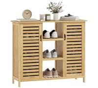 Homcom armario de almacenaje de bambú con 2 puertas de lamas ,armario con estantes y compartimentos abiertos, para salón, entrada, recibidor, 100x33x86 cm natural