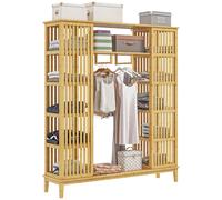 Armario de almacenamiento de bambú HOMCOM con correderas, estantes abiertos y percha para ropa para el dormitorio, 145 x 35 x 165 cm, acabado en madera natural