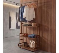 Armario de bambú Standgarderobe HWC-Q33, perchero, estante para zapatos, barra con 3 estantes, ruedas, 175x93x38 cm, color marrón