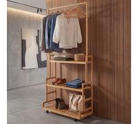 Armario de bambú Standgarderobe HWC-Q33, perchero, estante para zapatos, barra con 3 estantes, ruedas, 175x93x38 cm, color natural