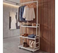 Armario de bambú Standgardrobe HWC-Q33, perchero, estante para zapatos, barra con 3 estantes, ruedas, 175x93x38 cm, color blanco