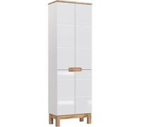 Armario de baño alto de 60 cm, blanco brillante, con imitación madera de roble, 4 puertas, de pie y espacioso