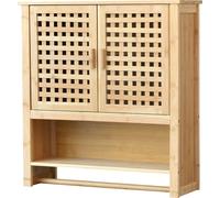 Armario de baño Borlänge, bambú, armario de pared, armario suspendido con soporte para toallas. Armario de baño con 3 estantes, 2 puertas, de pie. Dimensiones: 66 x 62 x 20 cm