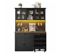 Armario de cocina 140cm - con carro extraíble, iluminación led, despensa con botellero y copero, aparador iluminado para salón y comedor - negro