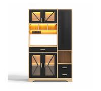 Armario de cocina 185x105x40 cm - aparador alto estilo rústico tipo granero con vitrina, estantes ajustables, cajón, iluminación led multicolor y enchufes - negro y natural