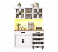 Armario de cocina alto 140 cm - con carro extraíble, iluminación led, botellero y copas de vino, aparador para salón y comedor - blanco