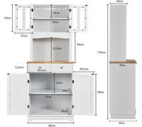 Armario de cocina alto, 170 cm. Mueble aparador de madera, armario alto con 2 cajones, estantes ajustables, puertas de cristal y agujeros para cables. Aparador de cocina independiente, aparador para