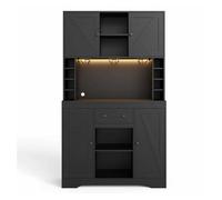 Armario de cocina alto 180x105x40 cm - con estantes ajustables, cajón, soporte para copas de acero inoxidable, botellero, iluminación led con cambio de color y enchufes - negro
