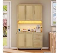 Armario de cocina de 183 cm con encimera, 2 enchufes, 2 USB y LED, color | Armario buffet con 3 cajones y estantes ajustables para cocina y comedor