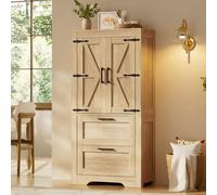 Armario de cocina Flieks con 2 cajones, estantes interiores ajustables, aparador estilo "puerta de granero", mueble auxiliar para cocina o comedor, color madera natural