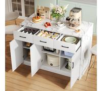 Armario de cocina STILVORA con 3 cajones y 3 puertas, aparador con estantes ajustables y cajones silenciosos, isla de cocina con encimera con aspecto de mármol, color blanco