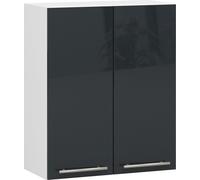 Armario de cocina suspendido, modelo AKORD OLIWIA, modular, color blanco, 60 cm de ancho, 2 puertas, 2 estantes, frente en grafito brillante, dimensiones: 60 cm de ancho x 72 cm de alto x 30 cm de pro