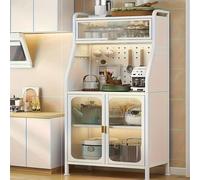 Armario de cocina vintage blanco con soporte para microondas y estantes ajustables, sobre ruedas