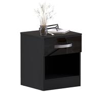 Armario de noche Vida Designs Hulio de alto brillo negro, 1 cajón con manijas metálicas y correderas, soporte único contra la curvatura del cajón, muebles para dormitorio.