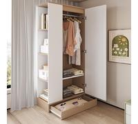 Armario de pie Flieks con estante y cajón, armario para ropa con barra, armario de una puerta, 70x40x170 cm, acabado natural