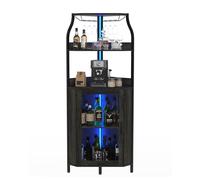 Armario de Vino Esquinero con Luces LED, Mueble Bar Industrial de 5 Niveles, Toma de carga lateral, Puerta de vidrio, estantes ajustables y soporte para copas, ideal para salón o comedor, Negro