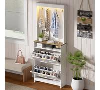Armario estrecho para zapatos con iluminación LED, 2 cajones abatibles, armario organizador de zapatos estilo rústico, con combinación de ganchos, 70x24x180 cm, blanco