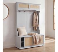 Armario HWC-P25, armario para pasillo, armario de madera, estructura de melamina, acabado tipo ratán, 163x100x47 cm, color gris claro
