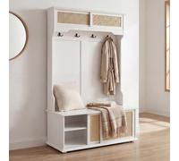Armario HWC-P25, armario para pasillo, armario de madera, estructura de melamina, acabado tipo ratán, 163x100x47 cm, color blanco