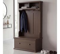 Armario HWC-P27, armario para pasillo, armario de madera con banco, 4 ganchos, compartimento de almacenamiento, estante, melamina, 163x100x47 cm, aspecto similar a la nuez