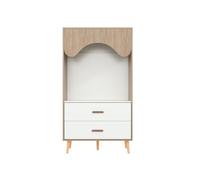 Armario infantil 80×46×141,5 cm - con barra y cajones, puertas abiertas, madera natural+blanco