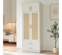 Armario "Larundi" de 216 x 80 x 52 cm con 4 puertas, 1 barra para colgar, 1 compartimento superior y 2 cajones. Color blanco con aspecto de ratán