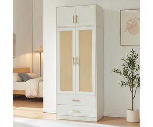 Armario "Larundi" de 216 x 80 x 52 cm con 4 puertas, 1 barra para colgar, 1 compartimento superior y 2 cajones. Color blanco con aspecto de ratán