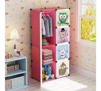 Armario modular para niños, sistema de almacenamiento de 75 x 47 x 147 cm, color rosa, con 6 compartimentos tipo cubo y barra para colgar ropa