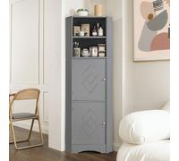 Armario para baño de esquina con dos compartimentos de almacenamiento, mueble de baño con un compartimento abierto y una estantería ajustable, armario alto de color gris