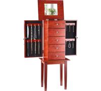 Armario para joyas VEVOR, baúl de madera para joyas de pie con 4 cajones espaciosos, espejo abatible, 4 compartimentos superiores, pomos de aleación de zinc y 2 puertas laterales con 16 ganchos para c