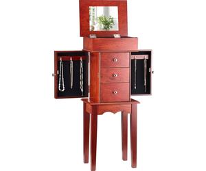 Armario para joyas VEVOR, mueble de almacenamiento vertical para joyas de madera con 3 cajones, espejo abatible, 4 compartimentos superiores, pomos de aleación de zinc y 2 puertas laterales con 6 ganc