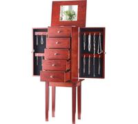 Armario para joyería, mueble de madera independiente para guardar joyas con 4 cajones espaciosos, espejo abatible en la tapa, 4 compartimentos de almacenamiento en la parte superior, pomos de aleación