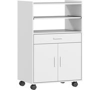 Armario para microondas, estante, armario de doble puerta, cajón, ruedas, blanco, madera