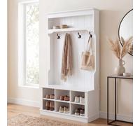 Armario para pasillo HWC-P26, armario de madera con banco, 4 ganchos, compartimento de almacenamiento, estante, melamina, 170x100x39 cm, color blanco