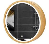 Armario redondo de madera con espejo de baño LED montado en la pared con interruptor táctil inteligente, totalmente montado, 70 cm, elegante acabado marrón, solución de almacenamiento moderna para