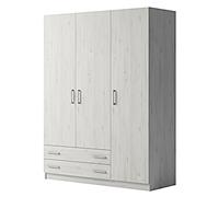 Armario ropero de dormitorio 3 puertas Kama y Kanape® 200 cm alto, con estante superior interior y cajones, gran capacidad de almacenaje, diseño funcional para dormitorio, color blanco