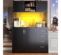 Armario tipo buffet con iluminación LED, cuatro puertas, dos cajones grandes y portavasos, dimensiones 120x40x188 cm, color