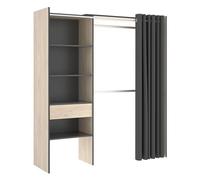 Armario vestidor suit 4 estantes con 2 barras, cortina y cajón grafito/natural 205x160x50 cm