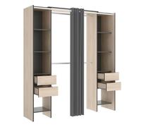 Armario vestidor suit 8 compartimentos con 2 barras, cortina y 4 cajones natural/grafito 205x179x50 cm