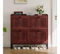 Armario zapatero con 4 cajones abatibles - Mueble de almacenaje de madera con panel decorativo calado, estantes ajustables y tiradores negros - Gran capacidad para pasillo, recibidor o dormitorio
