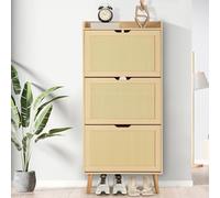 Armario zapatero moderno de madera para entrada o pasillo - 3 cajones abatibles de ratán - Diseño anticaída - Capacidad hasta 25 pares - Estructura MDF resistente - Mueble recibidor funcional - madera
